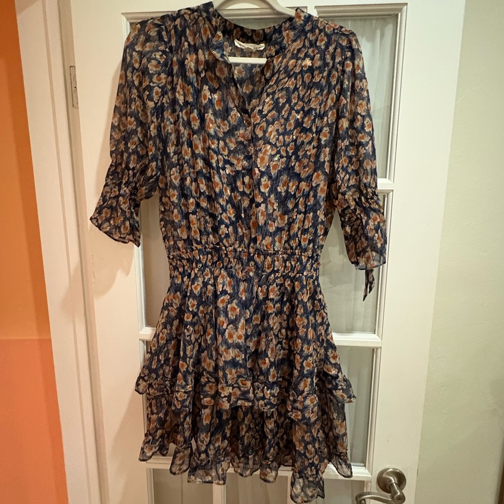 Lovestitch Blue and Orange Tiered Puff Sleeve Mini Dress